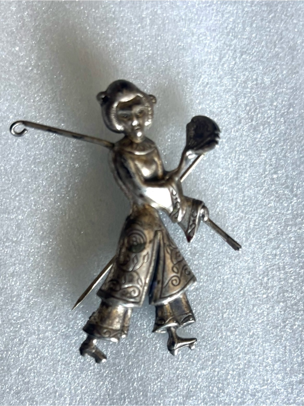 Vintage Signed LANG Sterling Silver Geisha Figural Brooch Mid-Century